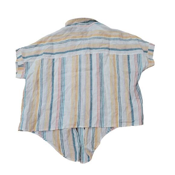 Madewell Pineapple Stripe Linen Short Sleeve Button Up Tie Front Top Size L - Picture 3 of 6